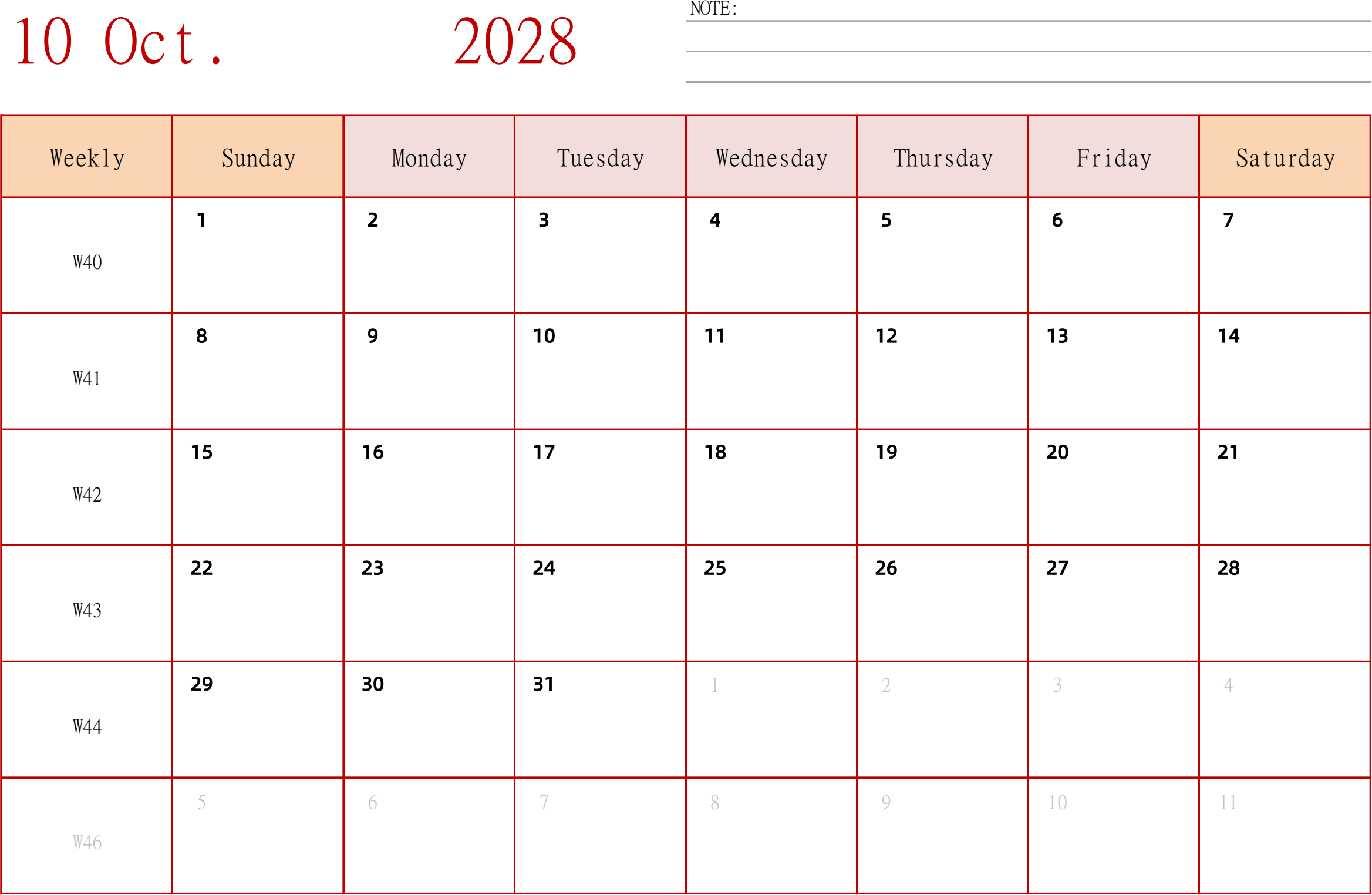 日历表2028年日历 英文版 横向排版 周日开始 带周数